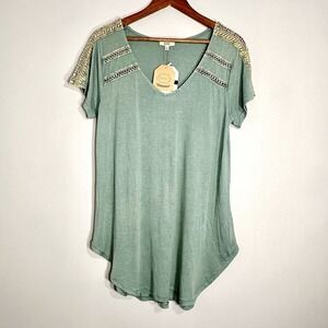 Kori America V-Neck Casual Summer Top Women Small Short Sleeve Crochet Stretchy